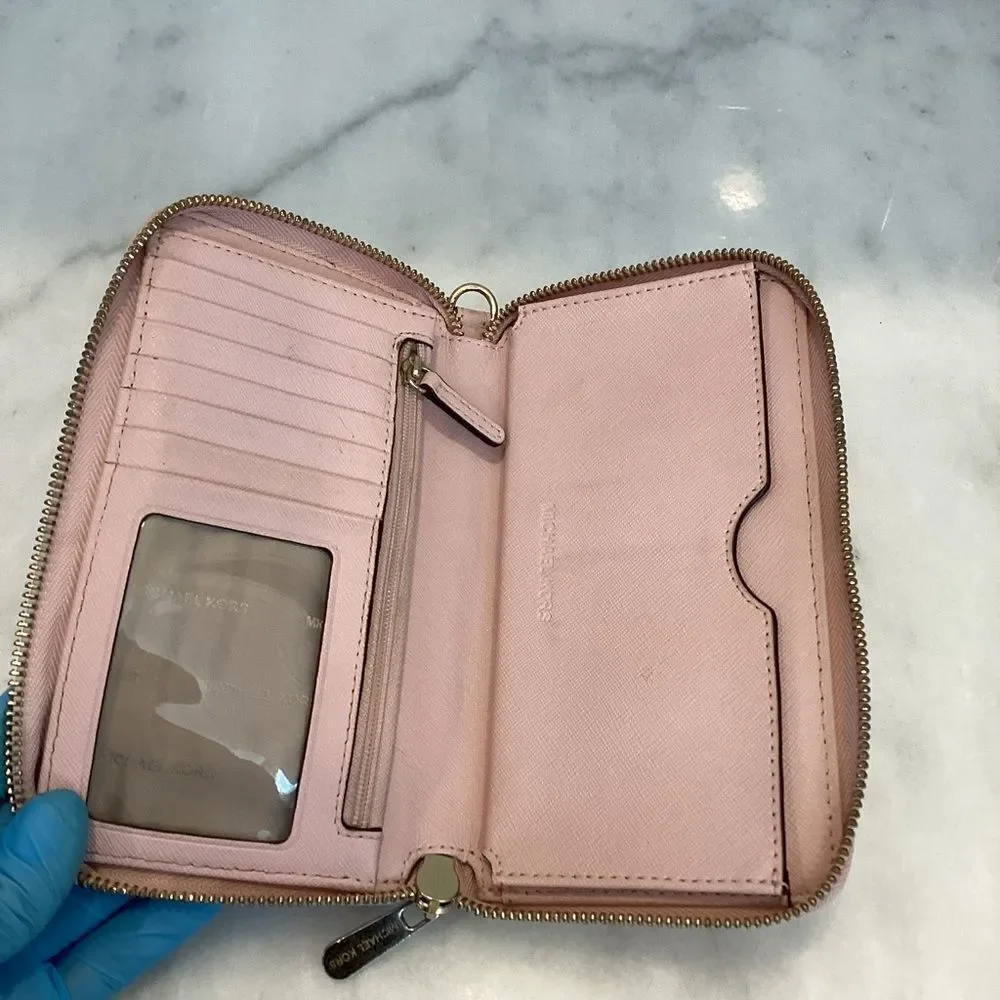 Michael Kors Wallet Leather Pink Saffiano Full Zip Continental Wallet